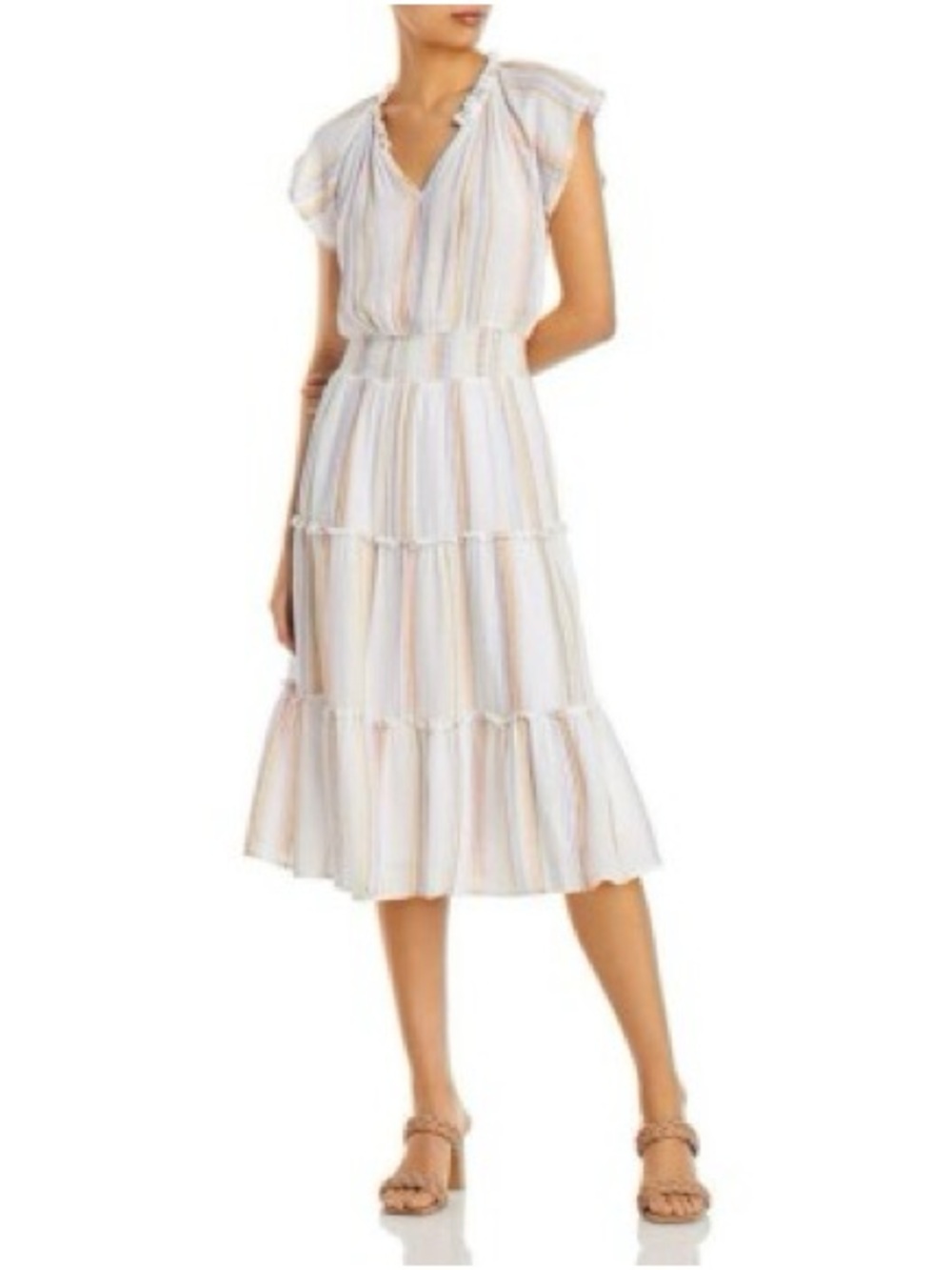 Casa Cabana Linen Blend Tiered Multi Colored Striped Midi Dress sz L